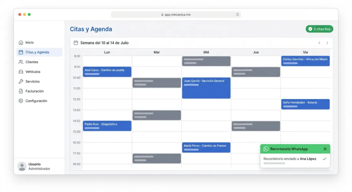 Screenshot de Agendamentos no Mecánica MX — software para oficinas mecânicas automotivas