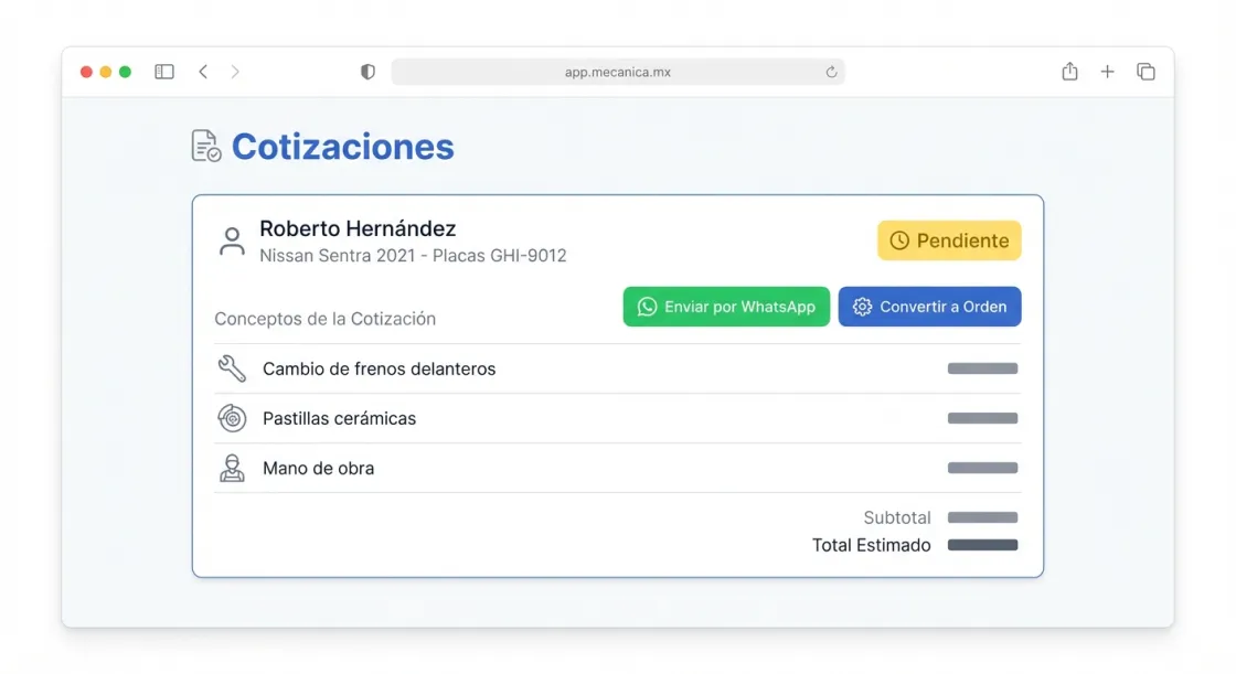 Screenshot de Orçamentos no Mecánica MX — software para oficinas mecânicas automotivas