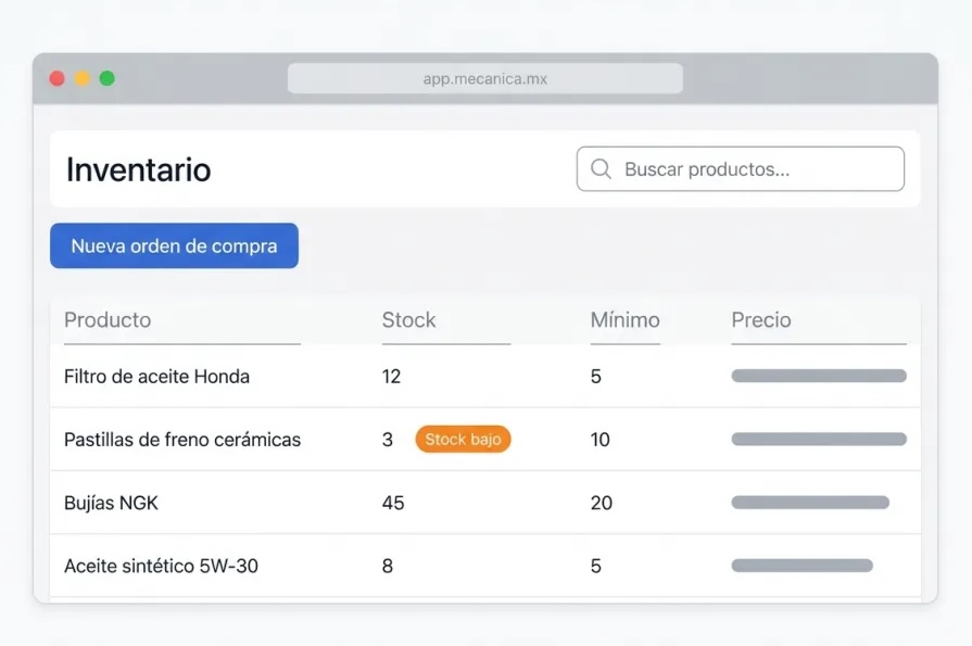 Screenshot of Inventory in Mecánica MX — auto repair shop software