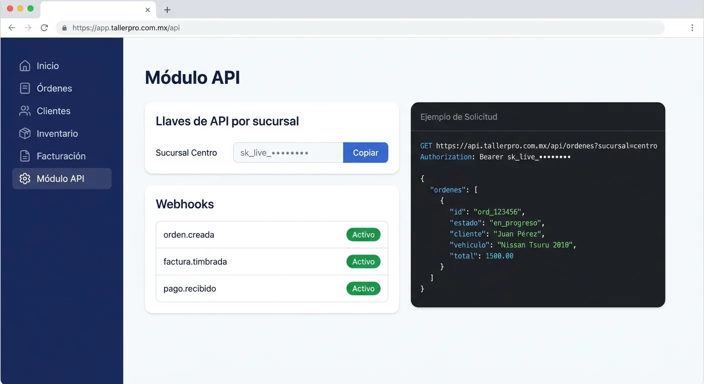 Screenshot de Módulo API no Mecánica MX — software para oficinas mecânicas automotivas