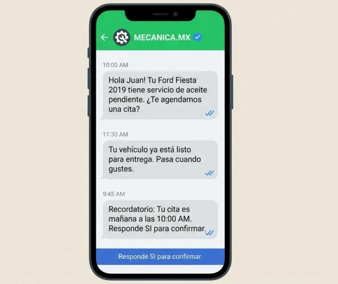 Screenshot de WhatsApp Automatizado no Mecánica MX — software para oficinas mecânicas automotivas