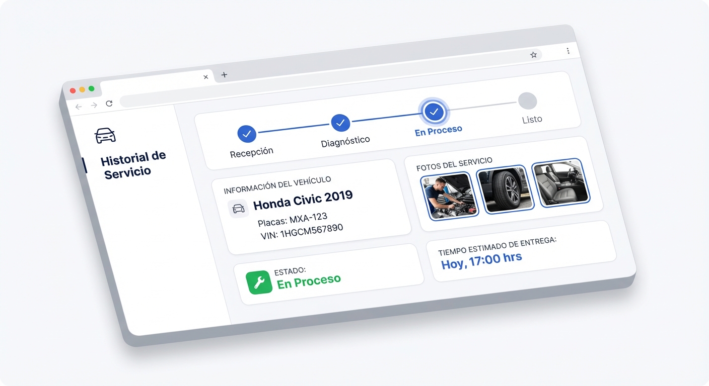 Portal web do cliente mostrando acompanhamento de serviço automotivo