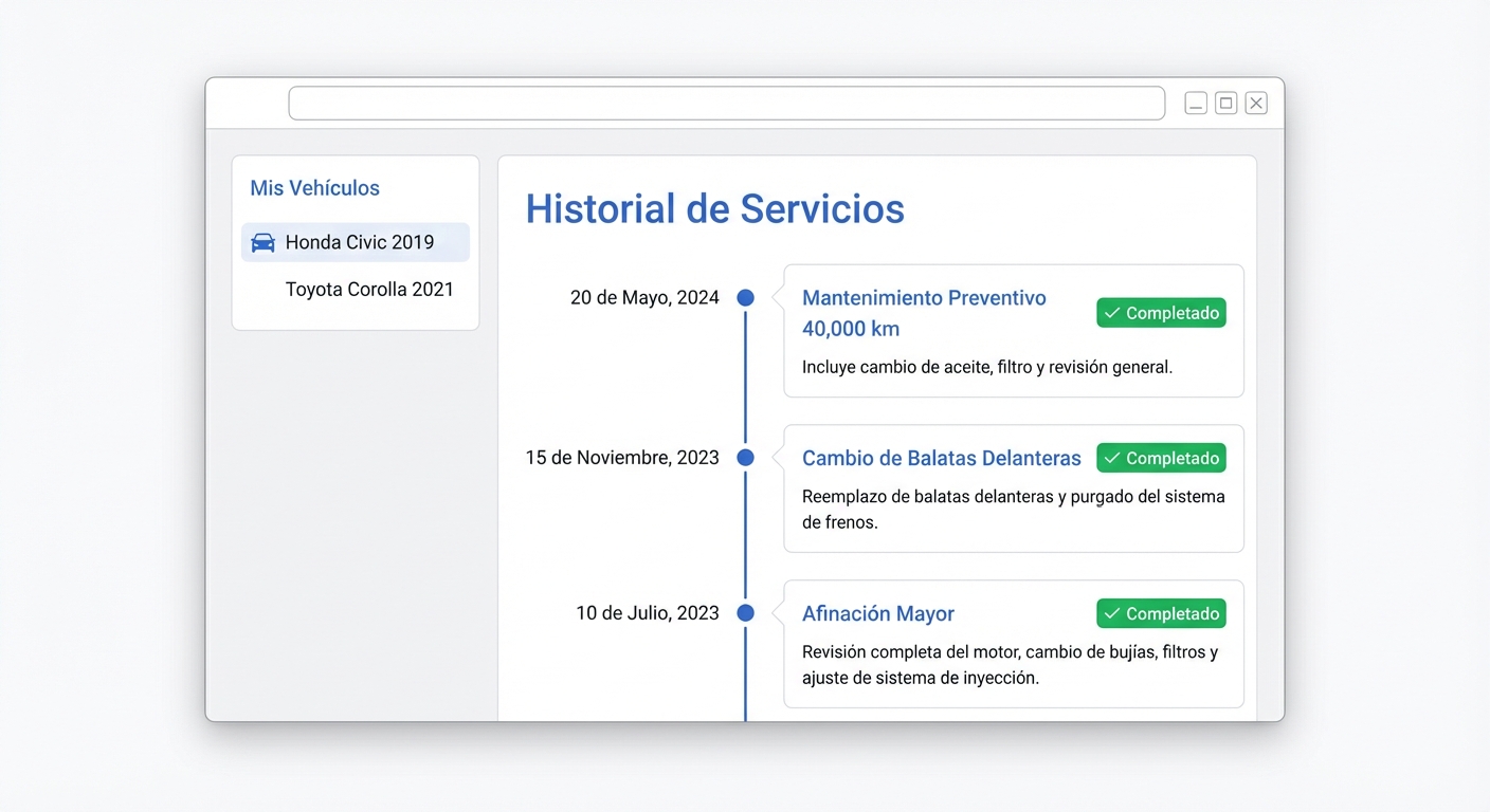 Portal de histórico do cliente mostrando veículos e serviços