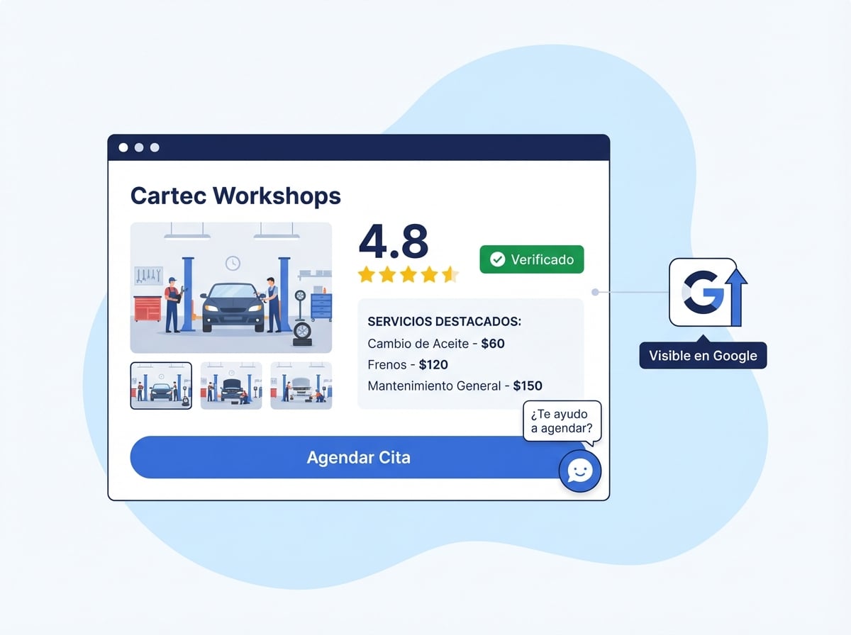 Workshop profile on tallermecanico.io showing rating, services, and booking button